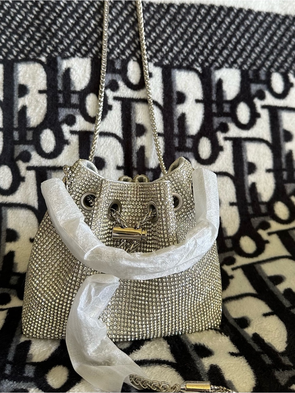 Silver Crystal Bucket Bag with Chain Strap